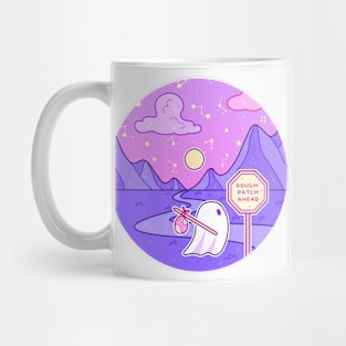 A ghost reads a stop sign that says rough patch ahead Mug